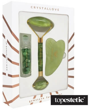 Crystallove Jade Beauty Set ZESTAW Masażer do twarzy 1 szt. + Płytka do masażu twarzy gua sha 1 szt + Buteleczka z kryształkami awenturynu na olejek 10 ml