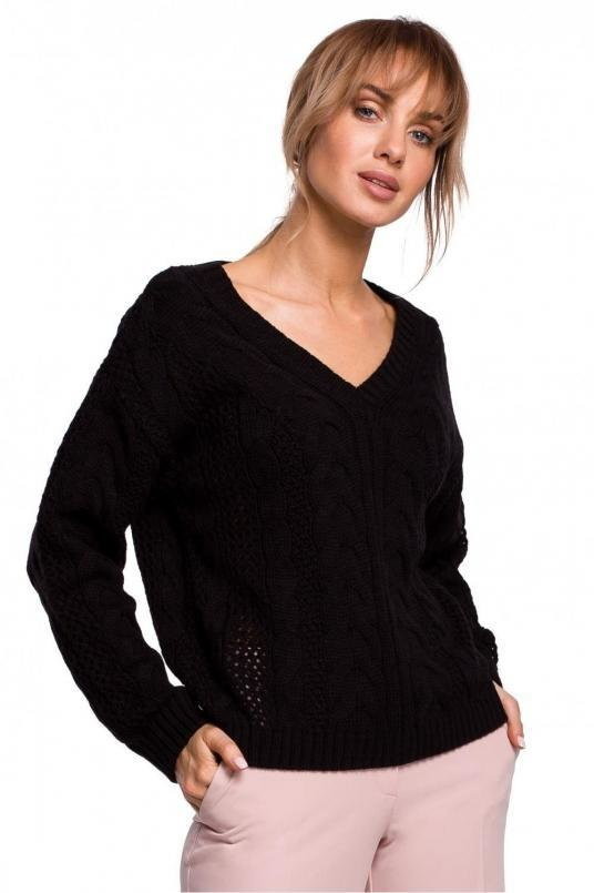 SukienkiShop Lekki sweter damski ażurowy z dekoltem V splot w warkocz czarny - SukienkiShop