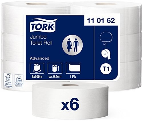 Tork 110162 papier toaletowy Jumbo we Advanced wysokiej jakości zapewnia system Tork T1 Jumbo uchwyt na papier toaletowy/uchwyt na papier toaletowy 1-warstwowe w kolorze białym/z tłoczeniem na wzór sk 110162