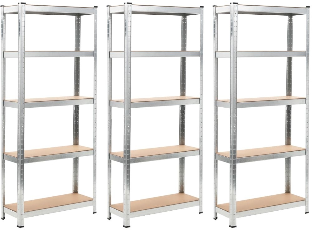 Regały magazynowe, 3 szt., srebrne, 75x30x172 cm, stal i MDF