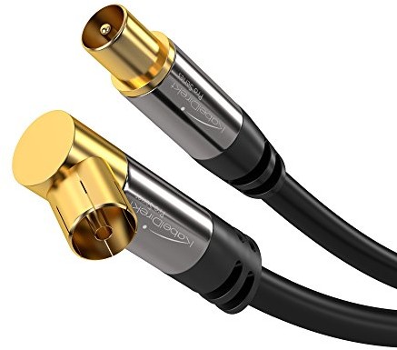 KabelDirekt Przewód bezpośrednio OM gniazdo koncentryczne wygięte kabel antenowy HDTV, 90 stopni w na proste wtyk współosiowy M 1m szary/czarny 931