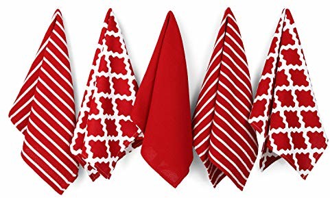 Penguin Home ścierka do naczyń ze 100% bawełny, zestaw 5 szt.  miękka  wytrzymała i bardzo chłonna  stylowy czerwony wzór z wieloma wzorami  można prać w pralce  65 x 45 cm