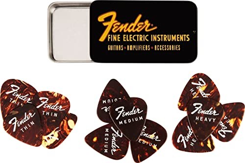 Fender FINE ELECTRIC PICK TIN kostki w puszce kolekcjonerskiej 12 sztuk celuloida kształt 351 3 grubości powłoka Tortoise 1980351010