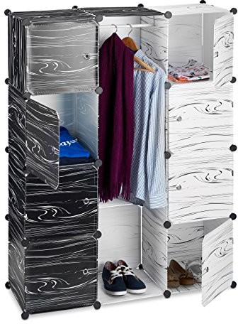 Relaxdays regał garderoba szafa na ubrania czarno-biały, nowoczesna, system 9 kieszenie, ściana przesuwna z tworzywa sztucznego, 145 x 110 x 37 cm 10021966