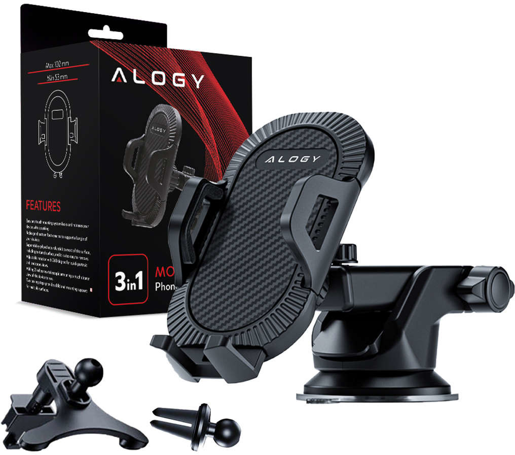 Alogy Uchwyt samochodowy 3w1 Alogy na szybę do kratki na deskę rozdzielczą Czarny 10224X1