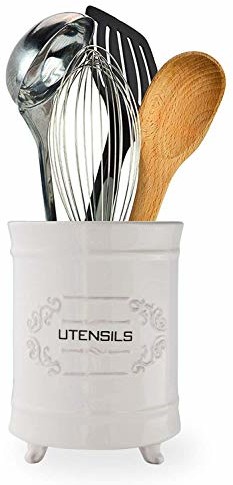 Perfect French White Ceramic Utensil Holder Vintage Style Kitchen Utensil Caddy Antique wzornictwo Cooking Utensil Organizer Rustic French Country Utensil Crock Gift for Cooking enthuziast (CER-0501-04)