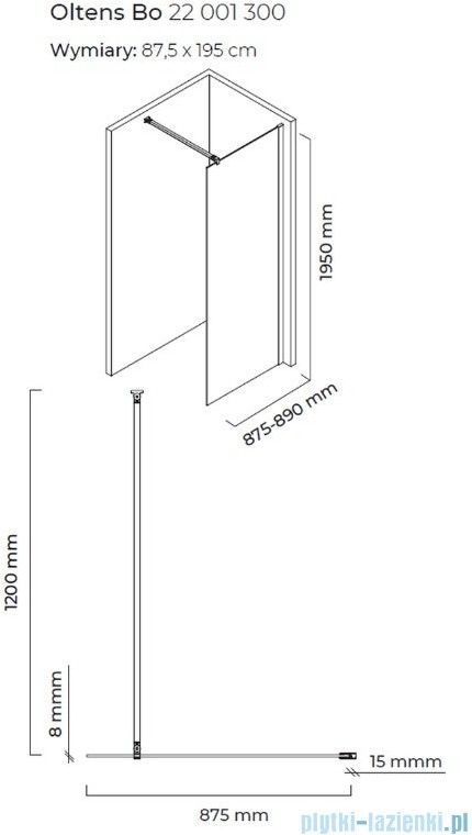Oltens Bo kabina prysznicowa Walk In 90cm szkło przejrzyste profil czarny mat 22001300