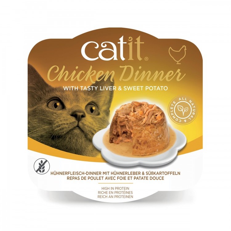 Catit Chicken Dinner, mokry pokarm, dla kota, kurczak, wątróbka i batat, 80g, szalka