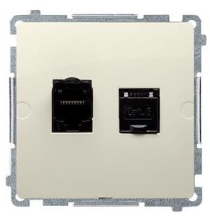 Kontakt Simon Kontakt_Simon Gniazdo komputerowe RJ45. kategoria 6. podwójne z przesłoną przeciwkurzową (moduł). Montaż na łapki lub wkręty beż BM62.01/12