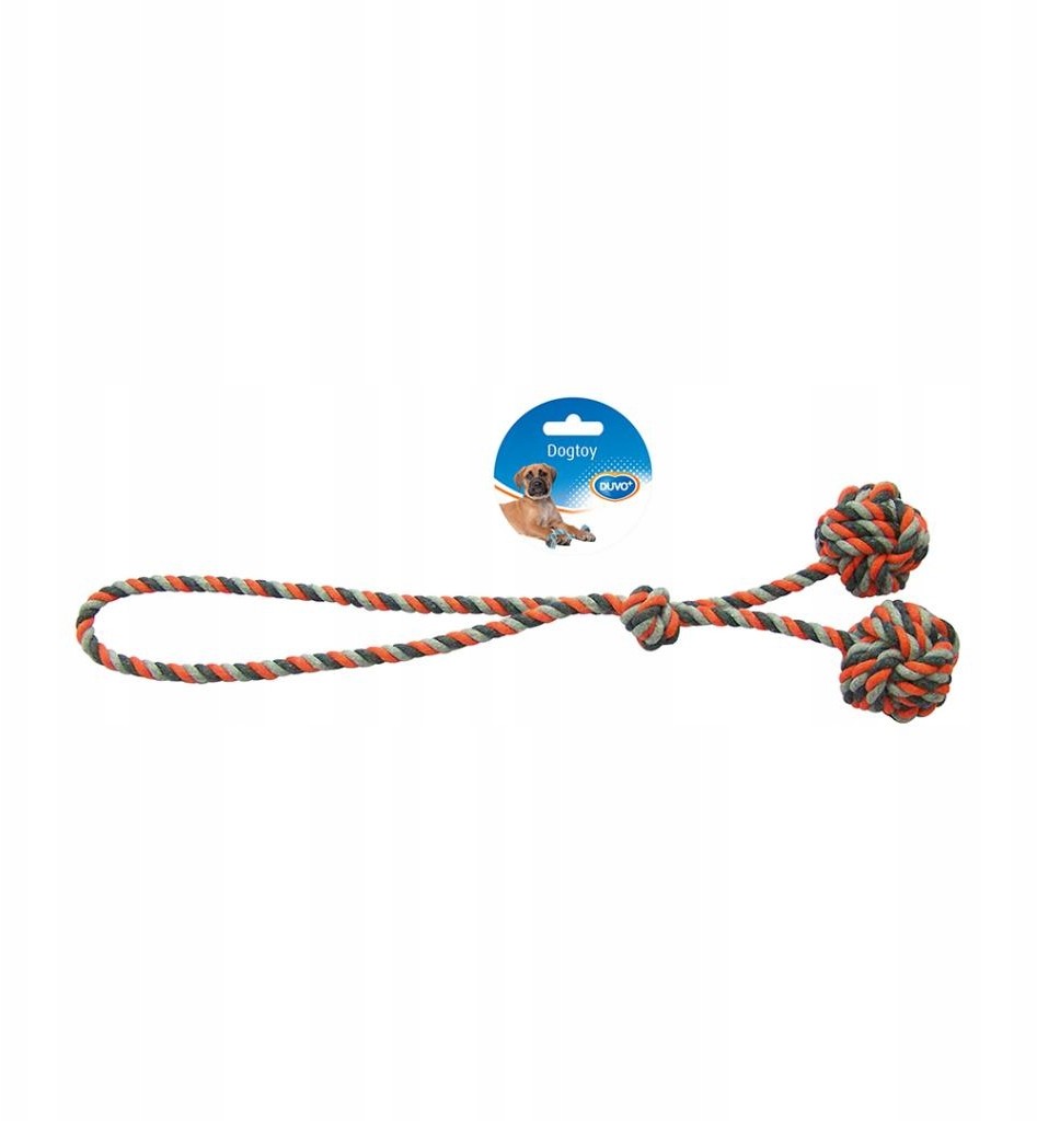 Zabawka dla psa -sznur pleciony 2 piłki 43cm supeł
