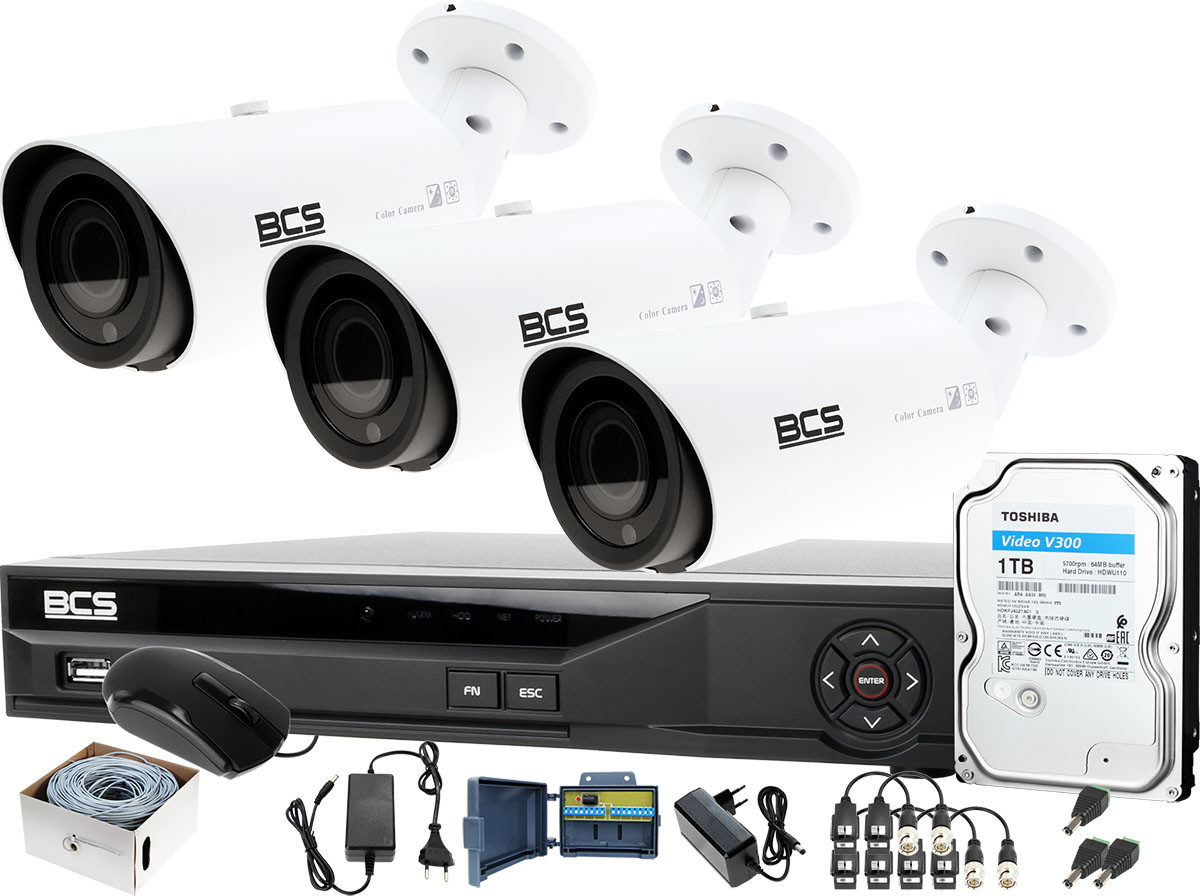 BCS Rejestrator BCS-XVR04014KE-II + Kamera 3x BCS-TQ7803IR3-B + Dysk twardy 1TB + akcesoria