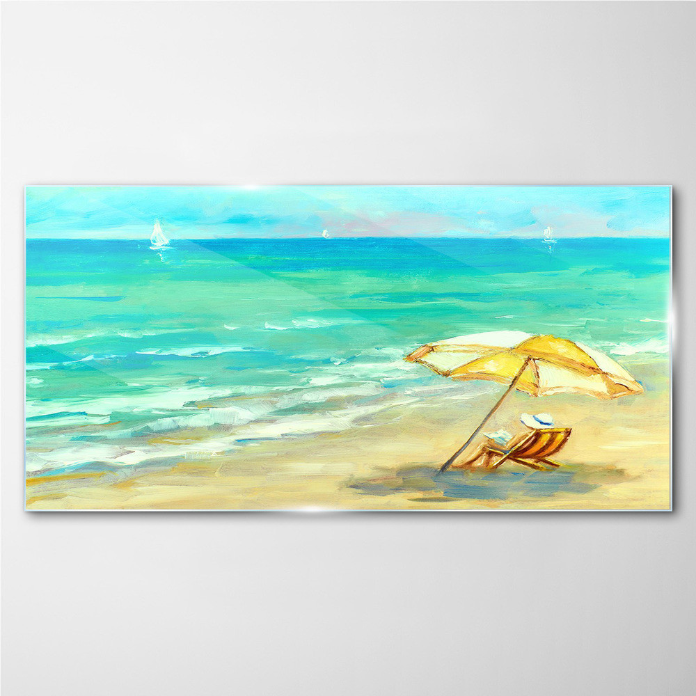 PL Coloray Obraz Szklany plaża morze fale parasolka 120x60cm