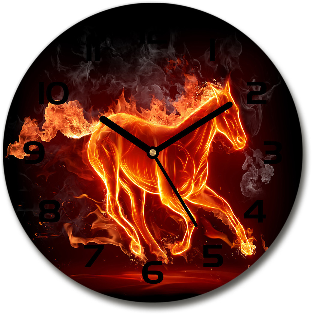 Zegar szklany okrągły Koń w płomieniach