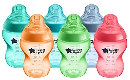 Tommee Tippee Closer to Nature butelki dla niemowląt, naturalnie ukształtowany smoczek z zaworem zapobiegającym kolce, 260 ml, zestaw 6 sztuk, Fiesta wielokolorowy