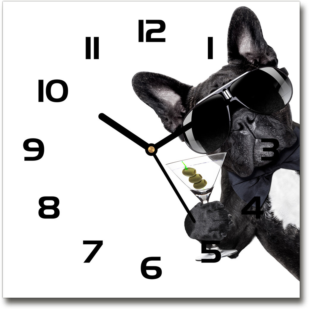 Zegar szklany kwadratowy Pies z martini