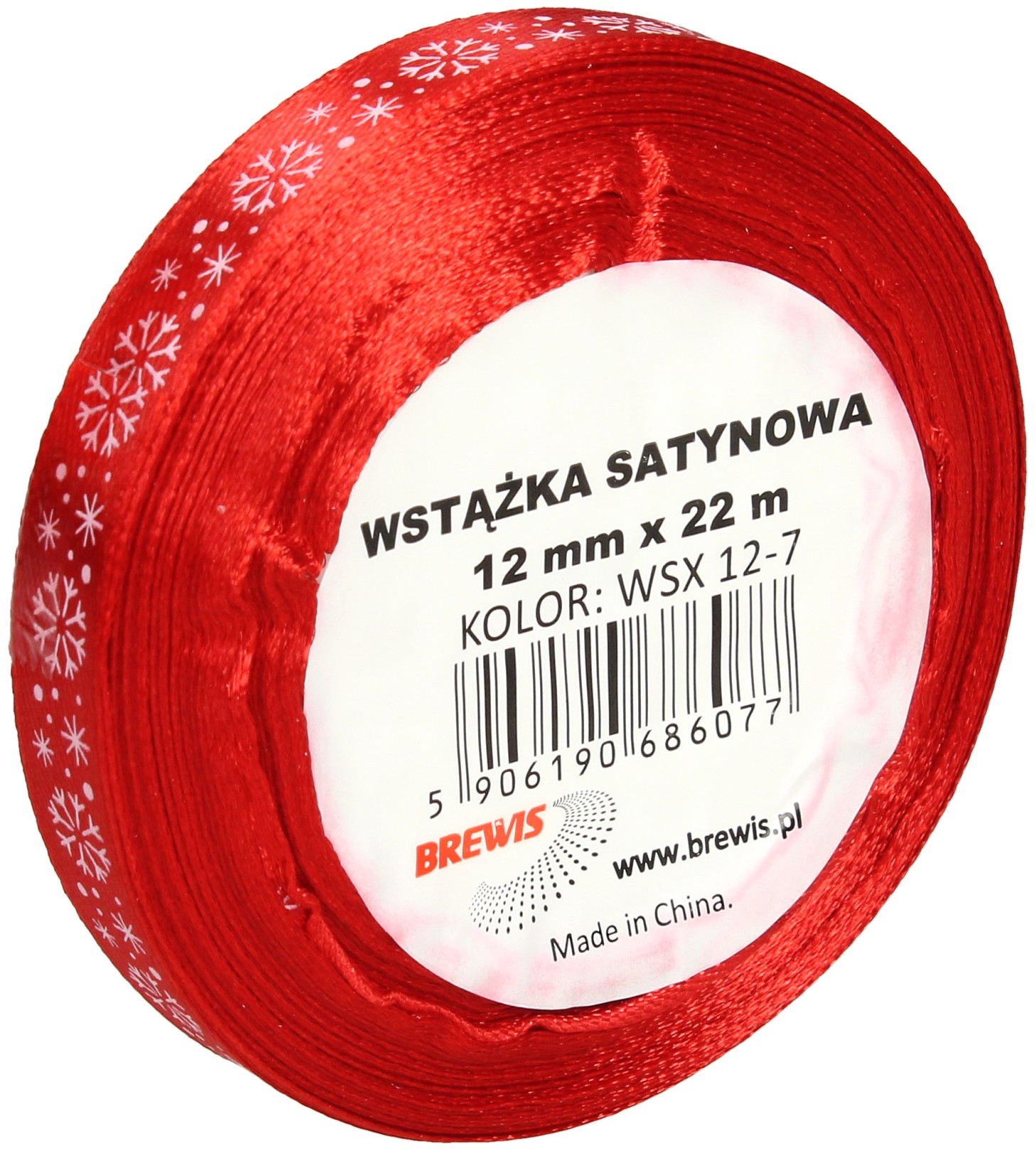 Brewis Wstążka satynowa 12mmx22m śnieżynki biało-czerwone