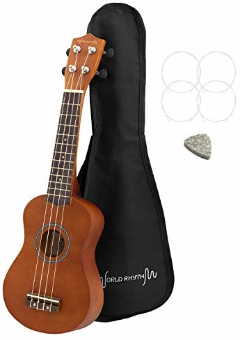 World Rhythm Światowy rytm ukulele sopranowe - początkujący sopran w naturalnym wykończeniu z torbą, zapasowe struny ukulele i filcowa kostka WR-302