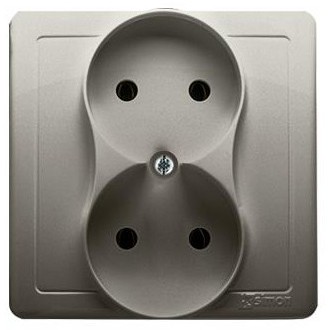 Kontakt Simon Kontakt_Simon Gniazdo wtyczkowe podwójne bez uziemienia kompletne z przesłonami torów prądowych 16A. 250V. zaciski śrubowe satynowy BMG2Z/29