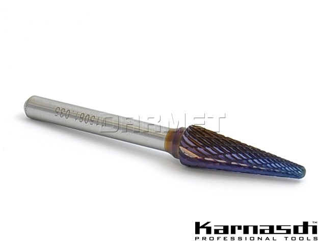 Karnasch Pilnik obrotowy stożkowy z czołem kulistym KEL z powłoką Blue-Tec, frez do metalu - 3 x 14MM, długość 38MM, chwyt 3MM - (115081-010) KAR_115081010