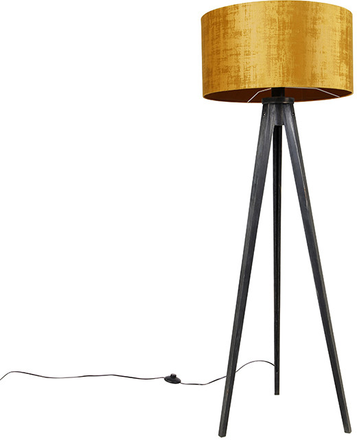 QAZQA Lampa podłogowa statyw czarny z kloszem złoty 50 cm - Tripod Classic