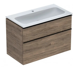 Geberit 502.337.JR.1 Zestaw umywalka meblowa iCon slim z szafką pod umywalkę dwoma szufladami i zestawem odpływowo-przelewowym do umywalki 90cm orzech hickory melaminowa struktura drewna lava