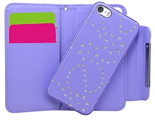 SAMRICK 2-w-1 Bling Diamante Floral Kwiaty Executive Leder Book Wallet Cover Schutzhülle mit Kredit/wizytówki für Apple iPhone 5/5S, fioletowy 0000442765