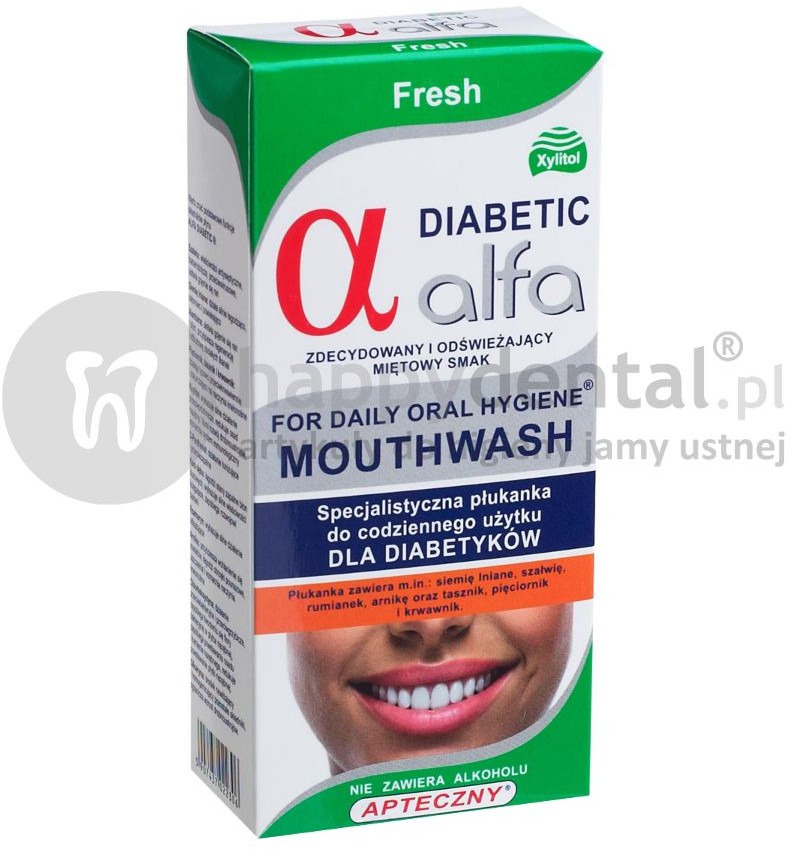 Atos ALFA DIABETIC Fresh 200ml - specjalistyczna płukanka dla DIABETYKÓW do stosowania bezpośrednio przed i po zabiegach implantacji lub ekstrakcji zęba