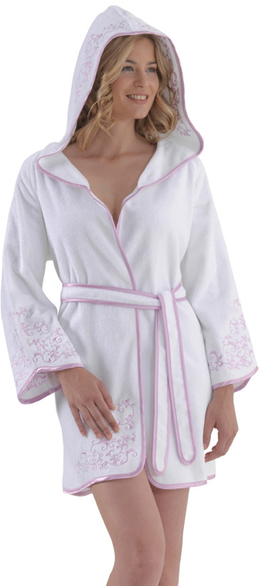 Soft Cotton Krótki damski szlafrok RENGIN z kapturem L Biały / lila haft S4247