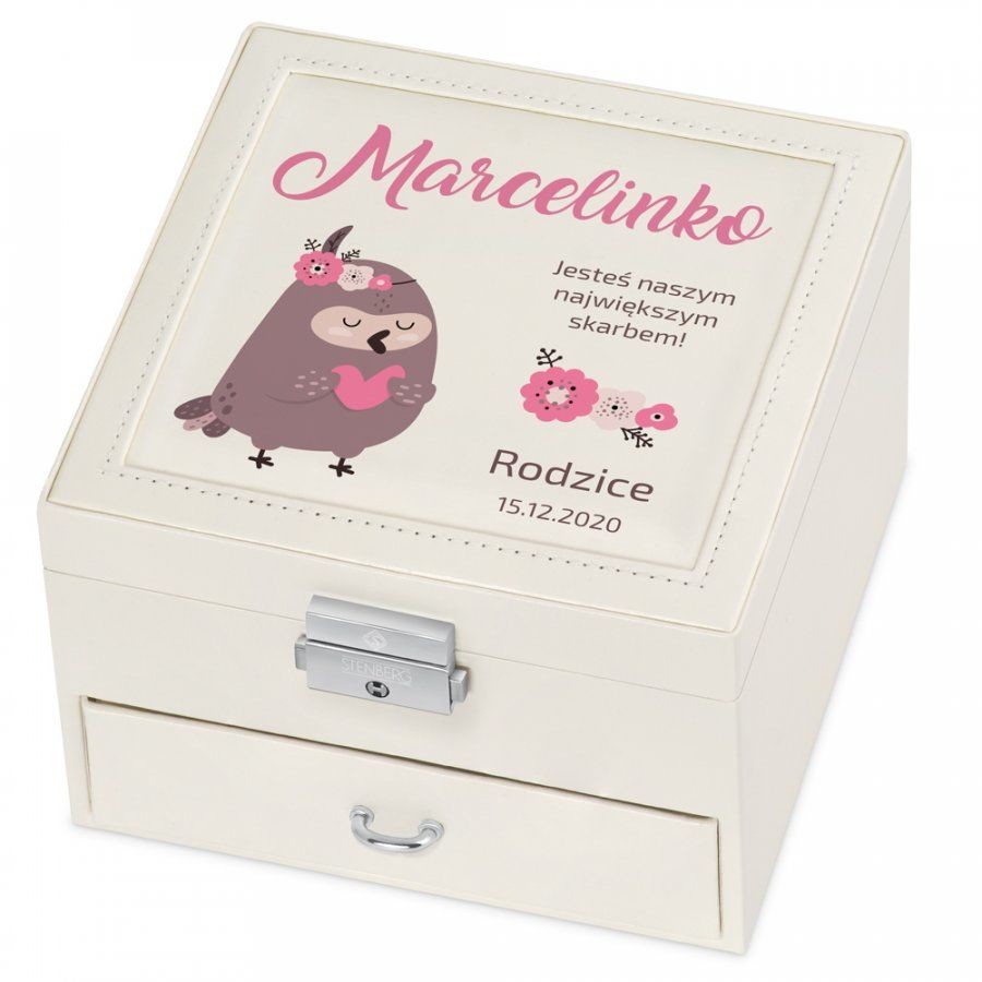 Murrano Szkatułka na Biżuterię Kremowa z Nadrukiem Sówka SZKT-BB-032