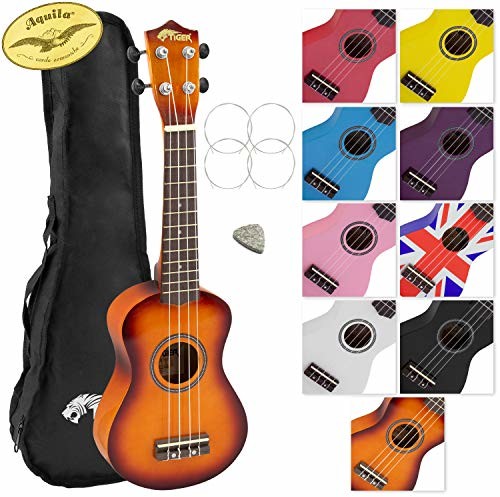 TIGER Tiger Ukulele sopranowe UKE7 dla początkujących, zawiera torbę Gig Bag, filcową kostkę, zestaw zapasowy strun nowy na rok 2020, teraz wyposażone w struny Aquila - Sunburst UKE7-SB