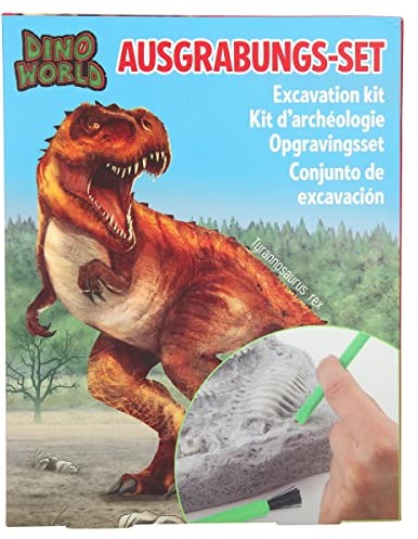 Dino Depesche Depesche 11905 World - zestaw do wykopywania, duży blok gipsowy z 13-częściowym szkieletem dinozaura i innymi akcesoriami, takimi jak młotek, dłuta, pędzel i okulary ochronne 11905