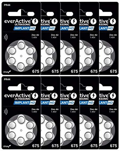EverActive 675, 60 sztuk, baterie do aparatów słuchowych, wysoka wydajność, baterie cynkowo-powietrzne, 10 blistrów, 4-letnia żywotność, niebieski, Implant HD PR44