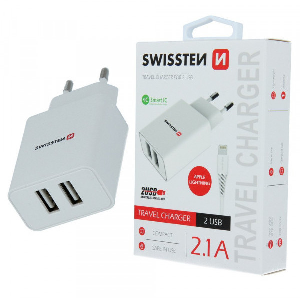 Swissten Ładowarka sieciowa Smartic 2xUSB 2.1A + Kabel iPhone Lightning 1.2m biała