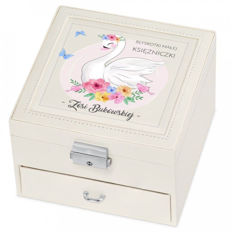 Murrano Szkatułka na Biżuterię Kremowa z Nadrukiem Łabędź SZKT-BB-038