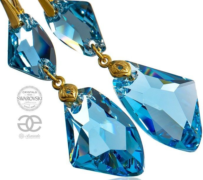 Swarovski piękne długie kolczyki AQUA GALACTIC GOLD