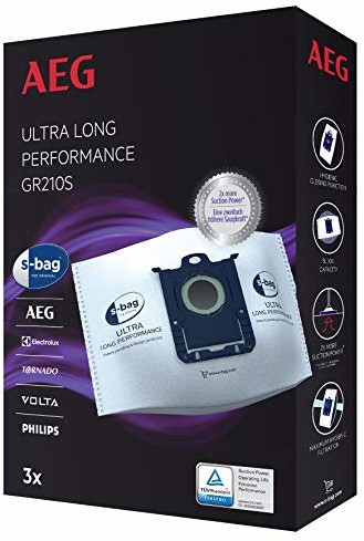 AEG GR210S s-bag Ultra Long Performance worki do odkurzacza (3 worki syntetyczne XXL zapewniające trwałą wysoką moc ssania, optymalne filtrowanie, zamknięcie higieniczne, pojemność 5 l, białe) GR210S