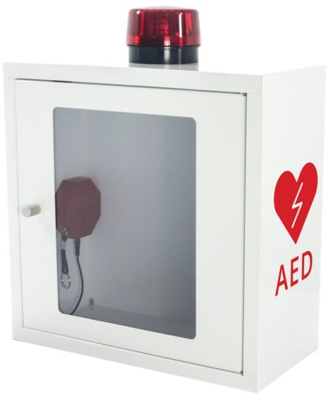 PROJEKT AED ASB1020 - metalowa szafka z alarmem dźwiękowym i świetlnym na defibrylator wewnątrz budynku - 37 x 37 x 17 cm.