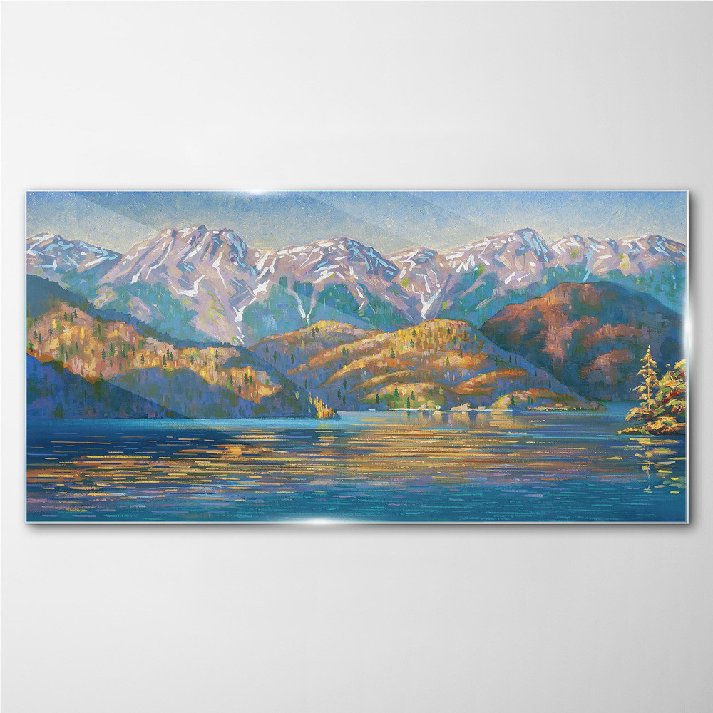 PL Coloray Obraz Szklany Malarstwo góry jezioro drzewa 120x60cm