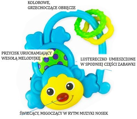 Baby Mix ŚLICZNA GRZECHOTKA MUZYCZNA - MELODYJKI , ŚWATEŁKA - wzór MAŁPKA KP-0681A-M