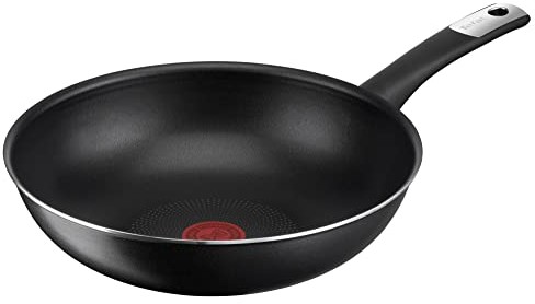 Tefal C38819 Hard Titanium Essential patelnia wok 28 cm | powłoka nieprzywierająca z cząsteczkami tytanu | wskaźnik temperatury | nadaje się do mycia w zmywarce | Made in France | czarna C38819