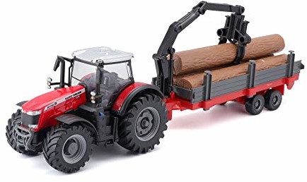 Bburago B18-31659 10 cm Massey FERGUSSON 8740S traktor z przyczepą z bali, różne wzory i kolory B18-31659