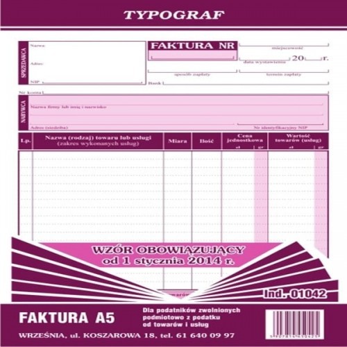 Typograf Druk samokopiujący faktura dla podatników zwolnionych podmiotowo z podatku VAT A5 80 kartek pion 01042/ TP391