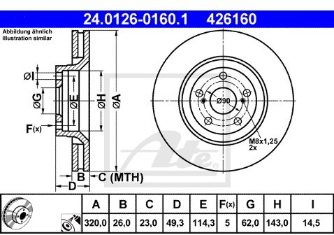 ATE TARCZA HAM 24.0126-0160.1 TOYOTA AVENSIS 2.2D-4D 177KM 09-  24.0126-0160.1