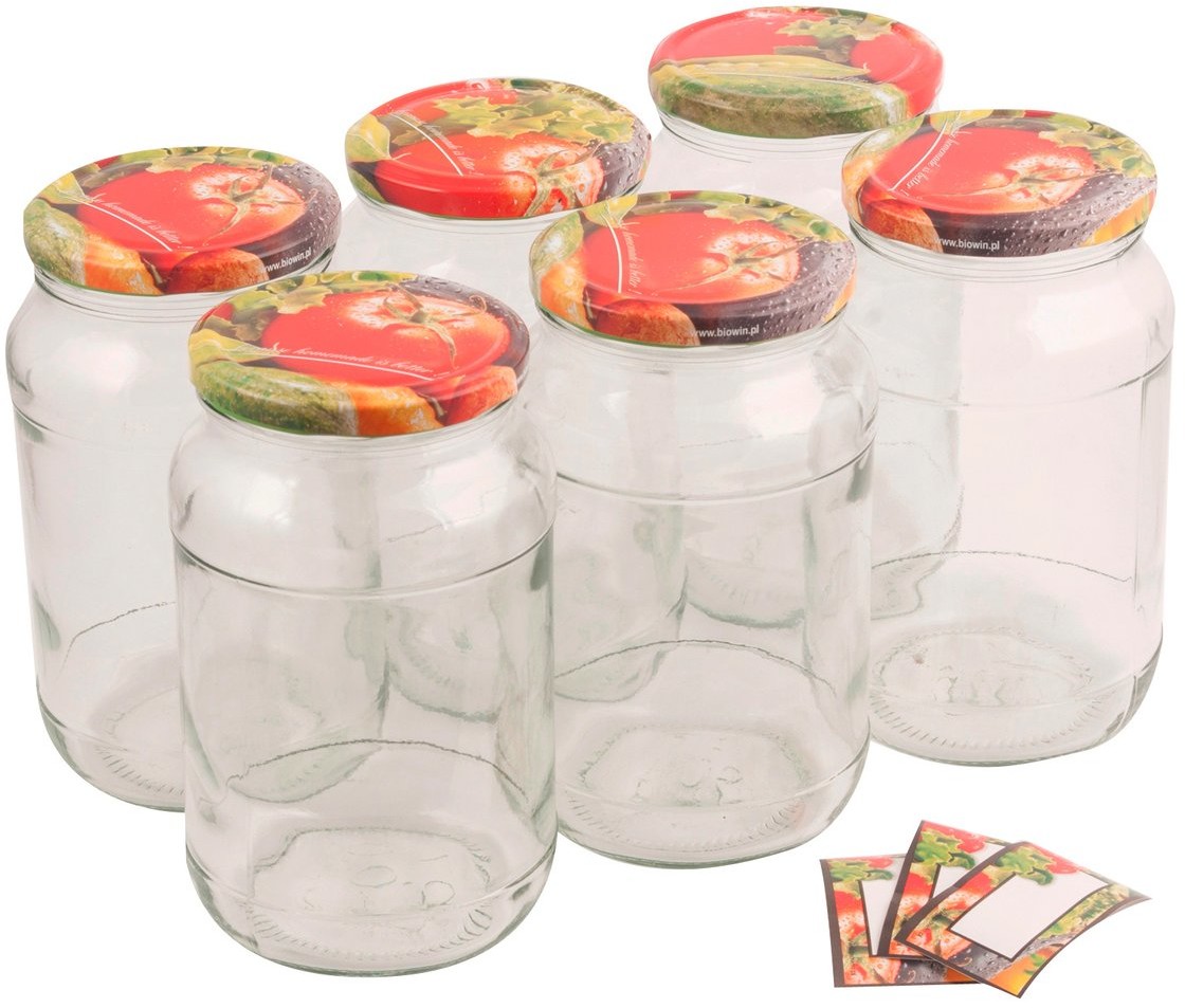 Biowin Słój, kolorowa zakrętka, etykiety, 900 ml 6 sztuk