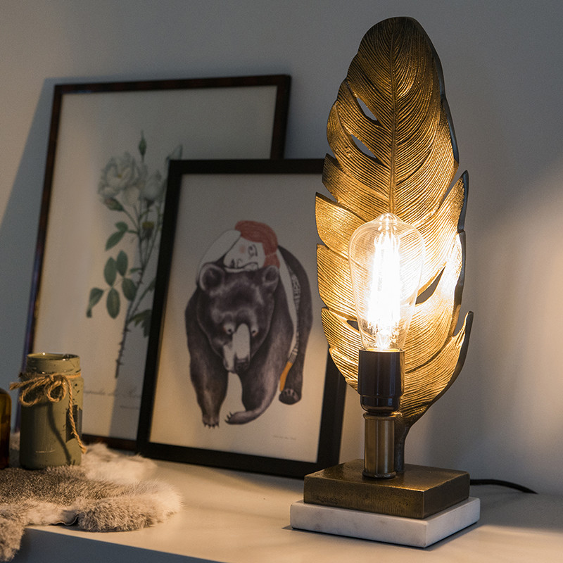 QAZQA Art Deco lampa stołowa brąz z marmurową podstawą - Leaf 97685