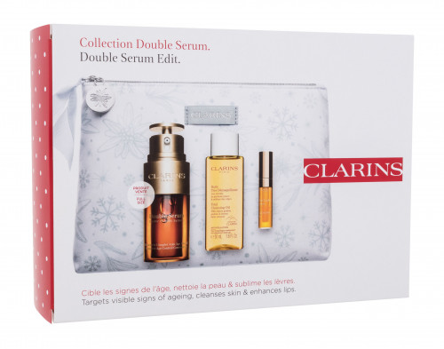 Clarins Double Serum Collection zestaw Serum do twarzy 30 ml + oczyszczający olejek 50 ml + olejek do ust 2,8 ml + kosmetyczka dla kobiet