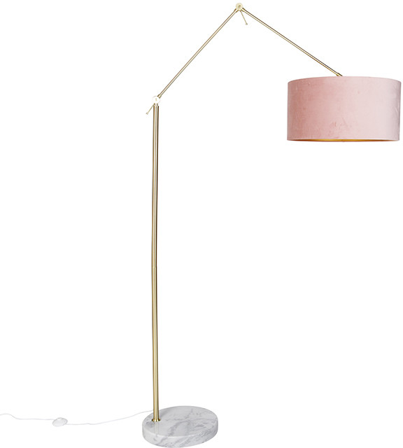 QAZQA Nowoczesna lampa podłogowa złoty aksamitny abażur różowy 50 cm - Redakcja