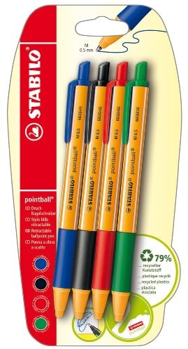 Stabilo Pointball Blister  szt Niebieski, czarnym, czerwonym, zielonym  długopis z mechanizm druku z 79% ponownie przetworzonego tworzywa sztucznego + Refill B-43722-10