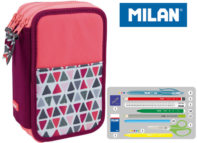 MILAN piórnik 3-poziomowy z wyposażeniem, Geo, różowy