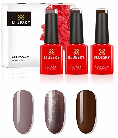 Bluesky Gel Polish, zestaw lakierów do paznokci, Chocolate Box. Faux Fur 80538, Satin Robe Qxg313, Mocha A008. 3 x 5 ml brązowy Minis-80538-QXG313-A008